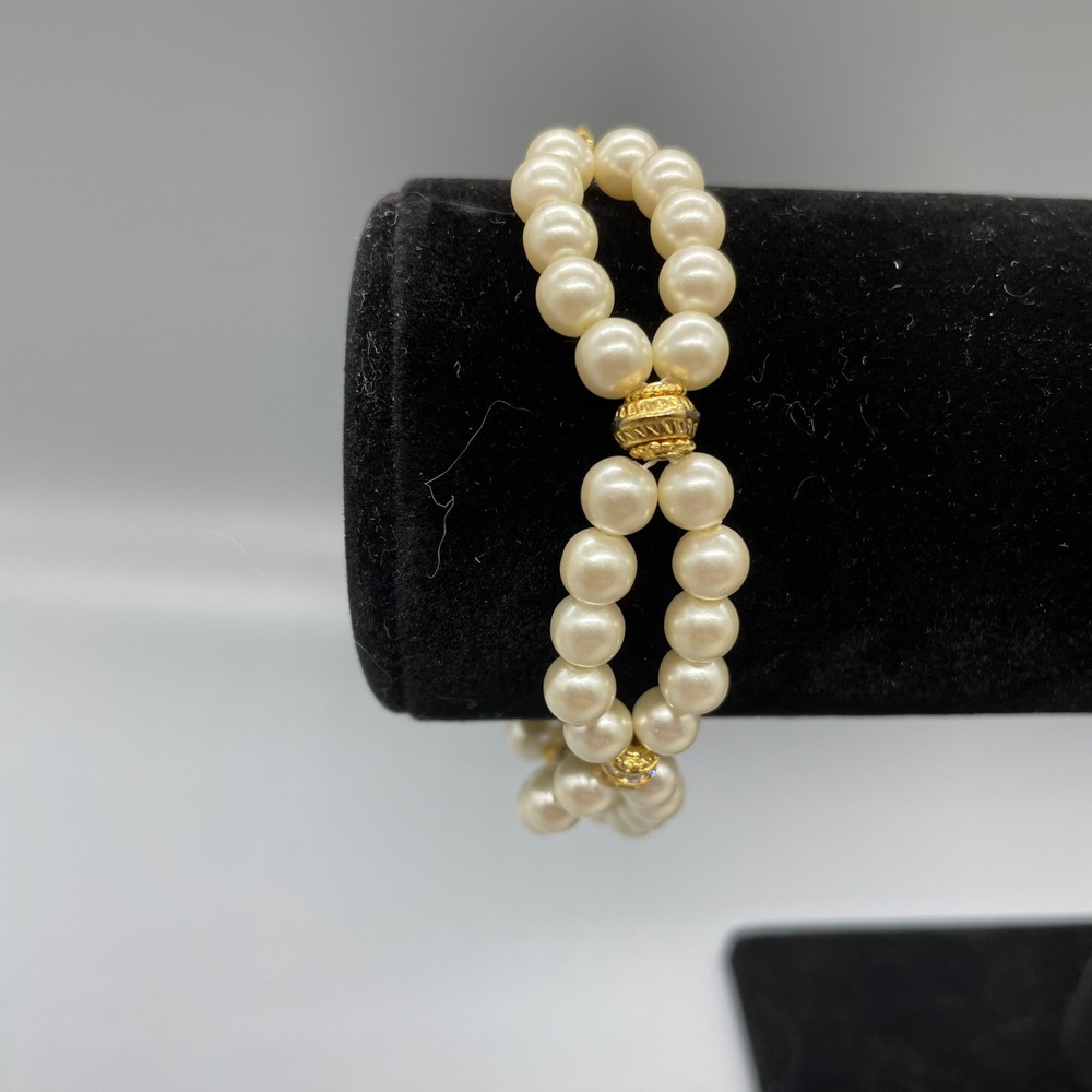 Avon C.I. Faux Pearl Link Bracelet Gold Tone Rhinestone‎ Cream Vintage  7.25"